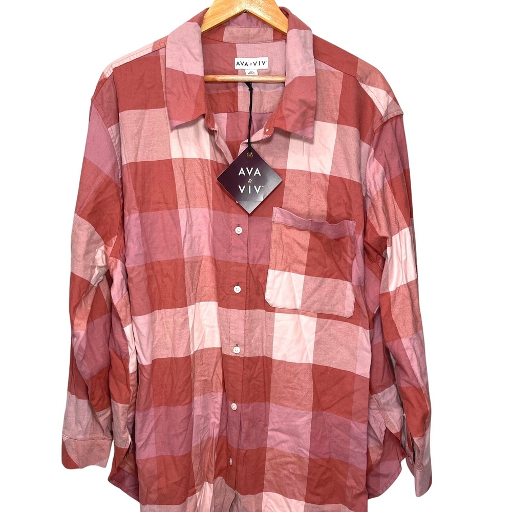 AVA & VIV Women's 2X Pink Plaid Long Sleeve Button Down Shirt Oversized Flannel